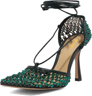 XYD Women Square Toe Rhinestones Studded Pumps Fishnet Openwork Ankle Wrap Strappy Sandals D'Orsay Prom Dance Sexy Shoes
