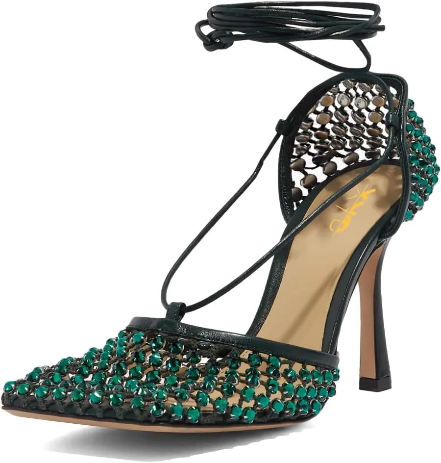 XYD Women Square Toe Rhinestones Studded Pumps Fishnet Openwork Ankle Wrap Strappy Sandals D'Orsay Prom Dance Sexy Shoes