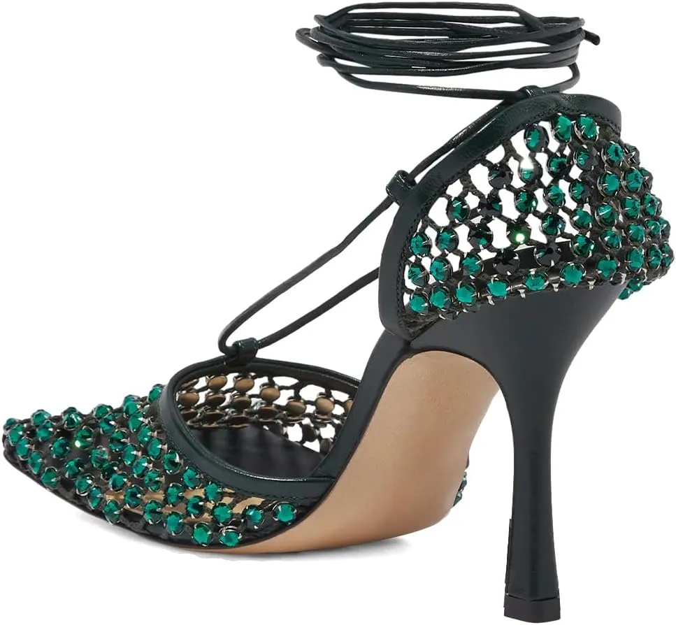 XYD Women Square Toe Rhinestones Studded Pumps Fishnet Openwork Ankle Wrap Strappy Sandals D'Orsay Prom Dance Sexy Shoes