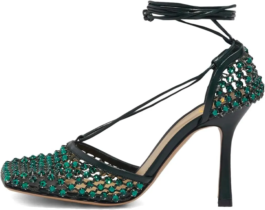 XYD Women Square Toe Rhinestones Studded Pumps Fishnet Openwork Ankle Wrap Strappy Sandals D'Orsay Prom Dance Sexy Shoes