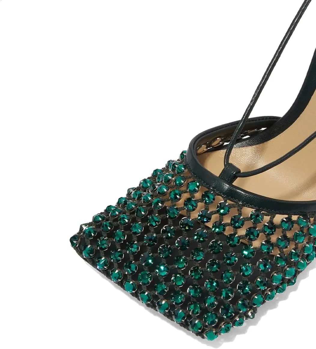 XYD Women Square Toe Rhinestones Studded Pumps Fishnet Openwork Ankle Wrap Strappy Sandals D'Orsay Prom Dance Sexy Shoes