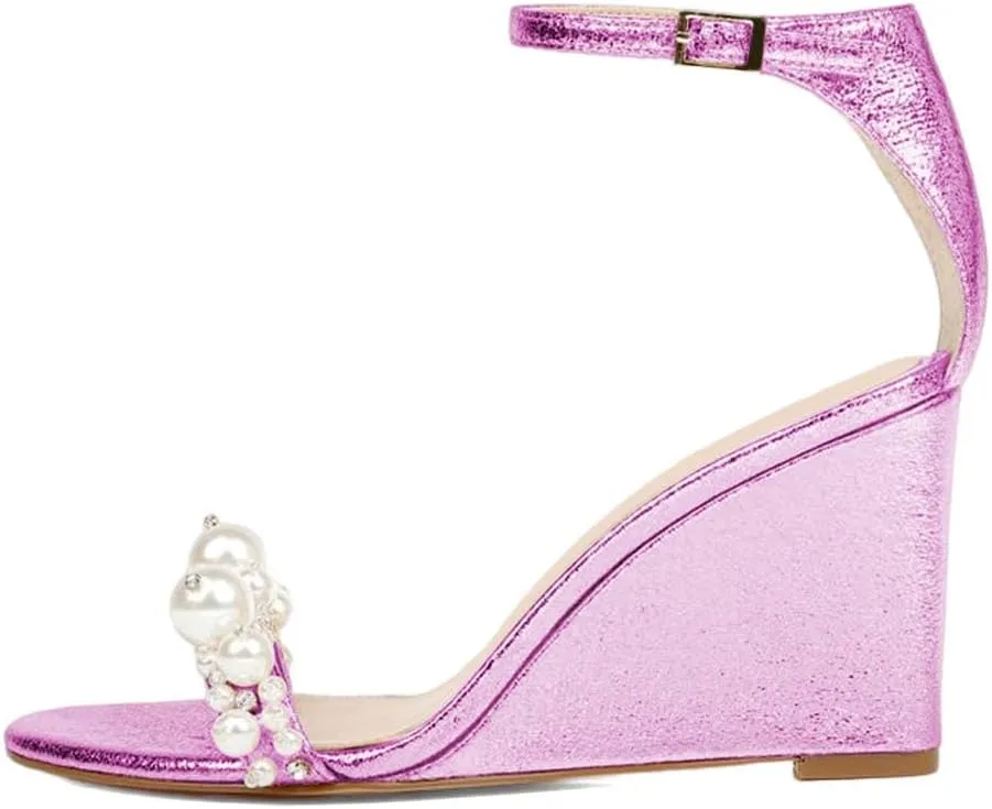 XYD Women Wedge Heel Romance Open Toe Sandals Rhinestones Pearl Embellished Ankle Strap Dressy Comfort Pumps Wedding Shoes