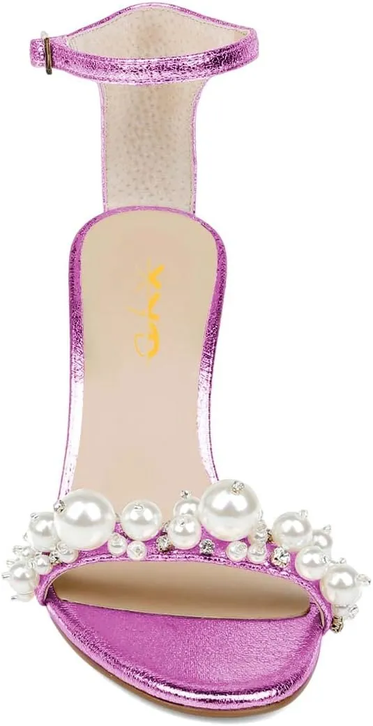 XYD Women Wedge Heel Romance Open Toe Sandals Rhinestones Pearl Embellished Ankle Strap Dressy Comfort Pumps Wedding Shoes