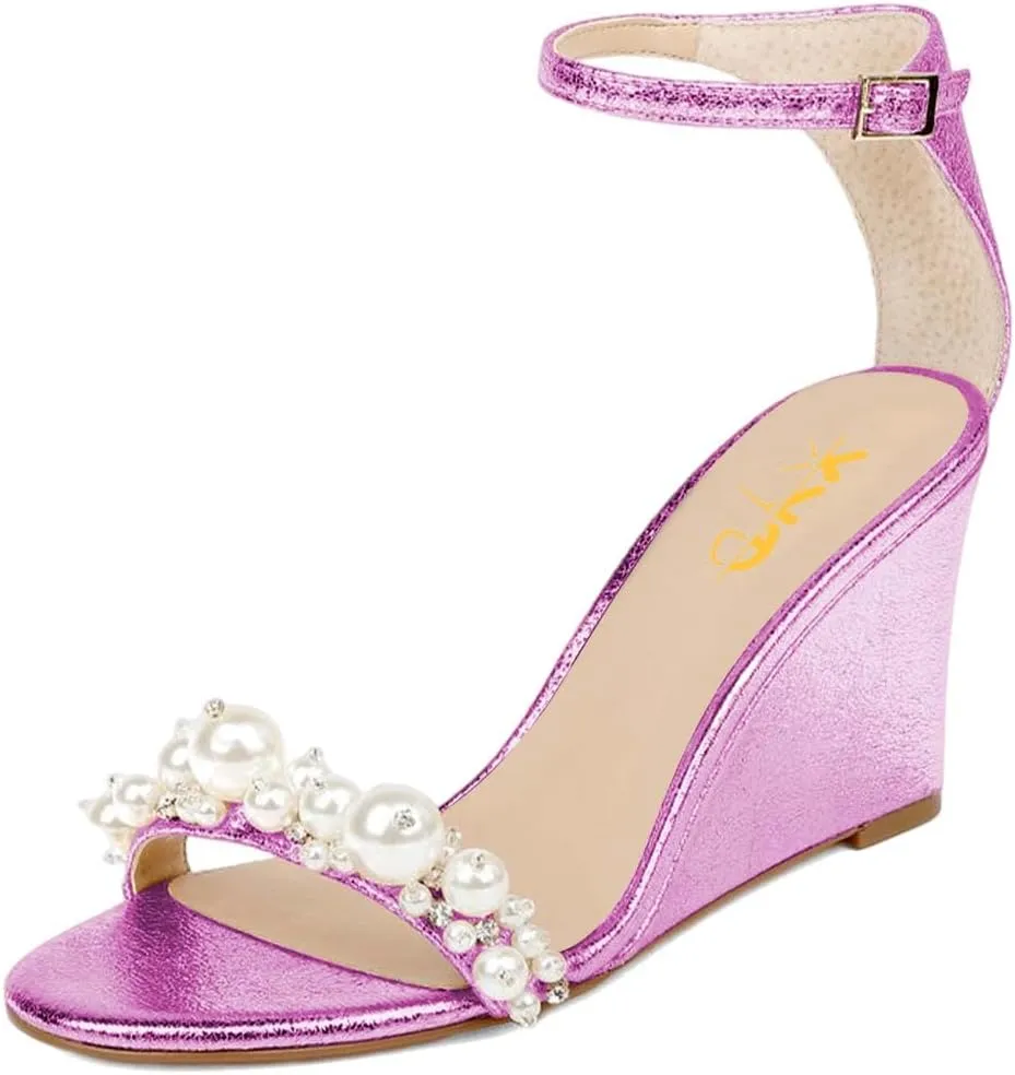 XYD Women Wedge Heel Romance Open Toe Sandals Rhinestones Pearl Embellished Ankle Strap Dressy Comfort Pumps Wedding Shoes