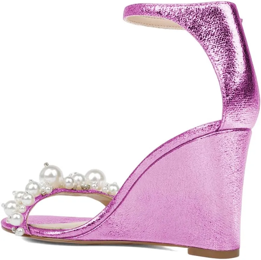 XYD Women Wedge Heel Romance Open Toe Sandals Rhinestones Pearl Embellished Ankle Strap Dressy Comfort Pumps Wedding Shoes