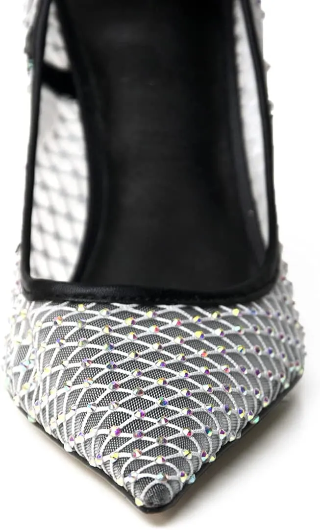 XYD Women's Chic Pointed Toe Evening Shoes High Heels Mesh Breathable Shiny Rhinestones Stiletto Checkered Office Lady Slip On Formal Dress Wedding Pumps
