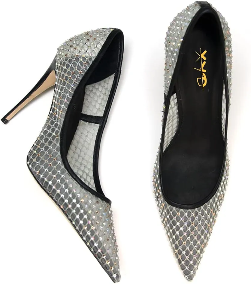 XYD Women's Chic Pointed Toe Evening Shoes High Heels Mesh Breathable Shiny Rhinestones Stiletto Checkered Office Lady Slip On Formal Dress Wedding Pumps