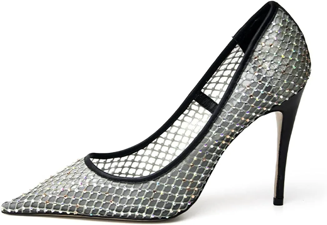 XYD Women's Chic Pointed Toe Evening Shoes High Heels Mesh Breathable Shiny Rhinestones Stiletto Checkered Office Lady Slip On Formal Dress Wedding Pumps