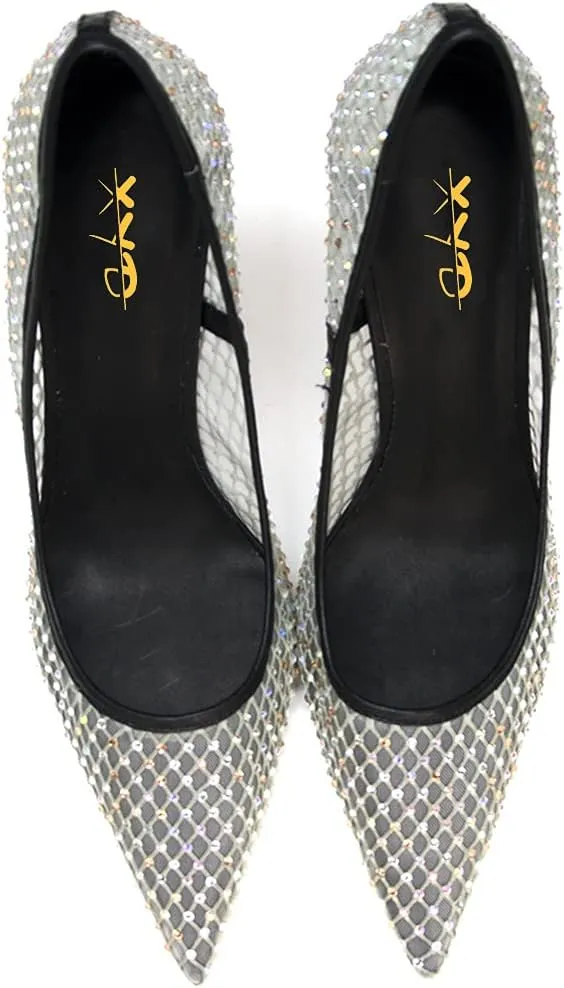 XYD Women's Chic Pointed Toe Evening Shoes High Heels Mesh Breathable Shiny Rhinestones Stiletto Checkered Office Lady Slip On Formal Dress Wedding Pumps