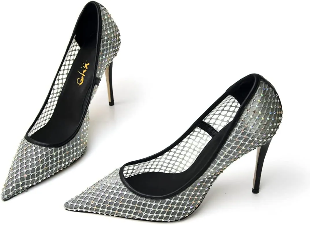 XYD Women's Chic Pointed Toe Evening Shoes High Heels Mesh Breathable Shiny Rhinestones Stiletto Checkered Office Lady Slip On Formal Dress Wedding Pumps