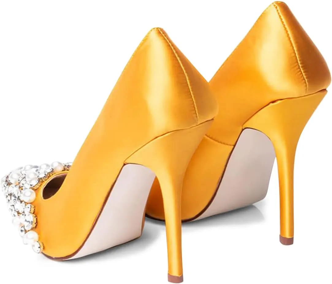 XYD Women's Light Silk Satin Pointed Toe Clear Pearl Rhinestones Studded Slip On Stiletto Heels Pumps Prom Feast Dressy Shoes