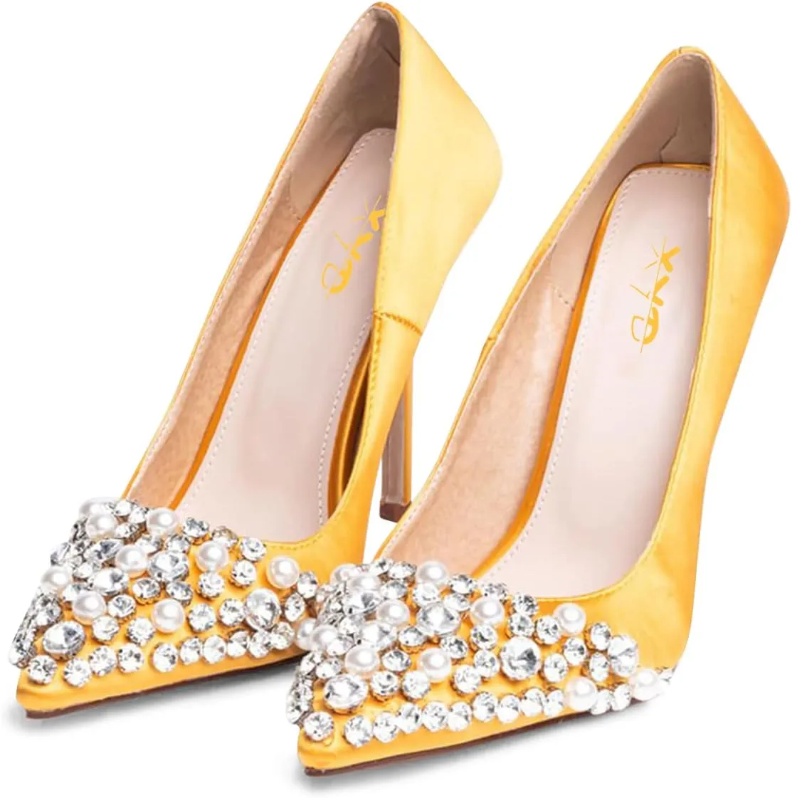 XYD Women's Light Silk Satin Pointed Toe Clear Pearl Rhinestones Studded Slip On Stiletto Heels Pumps Prom Feast Dressy Shoes