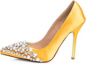 XYD Women's Light Silk Satin Pointed Toe Clear Pearl Rhinestones Studded Slip On Stiletto Heels Pumps Prom Feast Dressy Shoes
