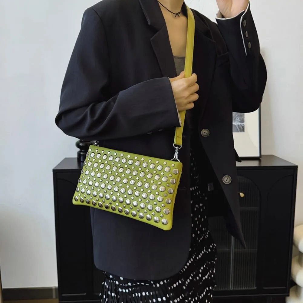 Y2k Crescent Crossbody Purse Women 90s PU Leather Trendy Studded Shoulder Satchels Hobo Bags Punk Underarm Tote Handbag
