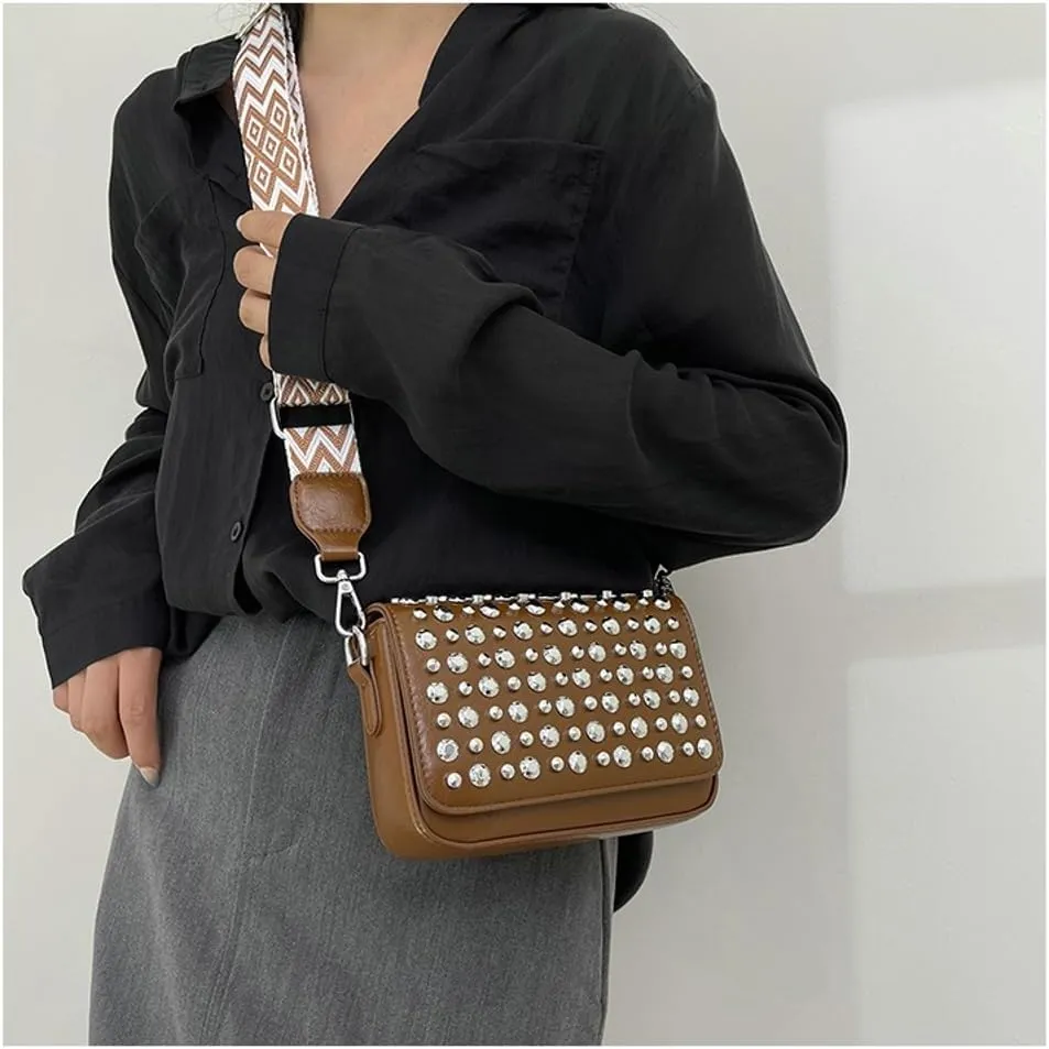 Y2k Crescent Crossbody Purse Women 90s Studded PU Leather Shoulder Satchels Hobo Bags Trendy Punk Underarm Tote Handbag