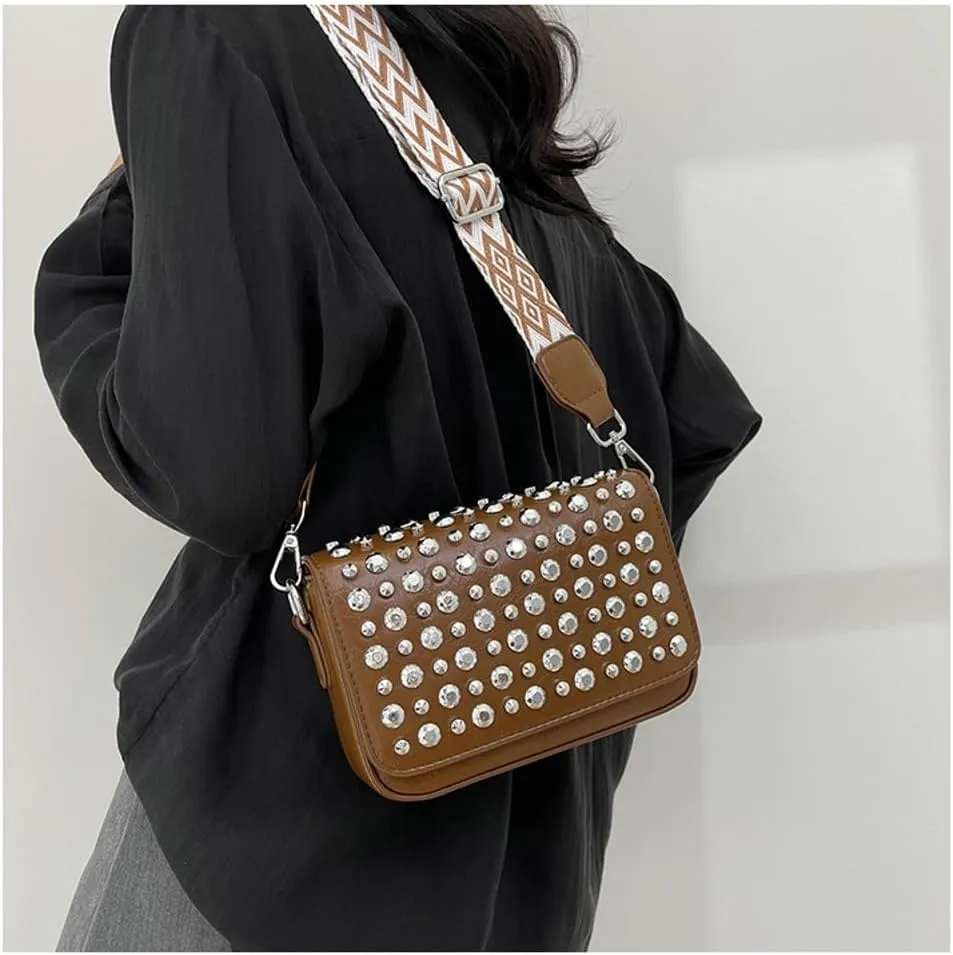 Y2k Crescent Crossbody Purse Women 90s Studded PU Leather Shoulder Satchels Hobo Bags Trendy Punk Underarm Tote Handbag