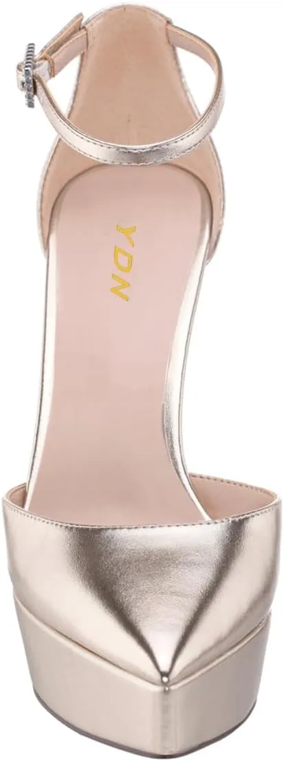 YDN Women Platform Sandals Ankle Strap D’Orsay Cone High Heels Pointed Toe Studded Buckle Shoes Party Shopping Dating Size 4-16 US