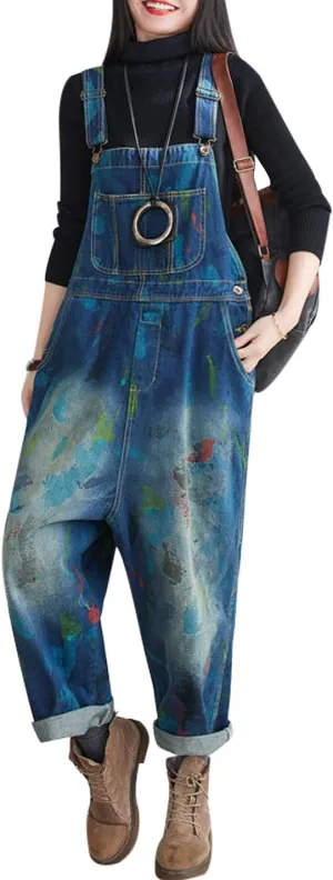 Yeokou Women's Loose Baggy Denim Wide Leg Drop Crotch Jumpsuit Rompers Overalls