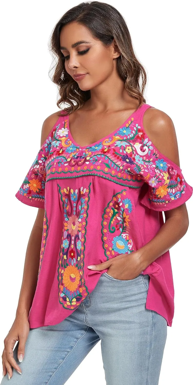 YZXDORWJ Women's Mexican Tops Cold Shoulder V Neck Sexy Blouse Short Sleeve Shirts Embroidered Floral Tunic
