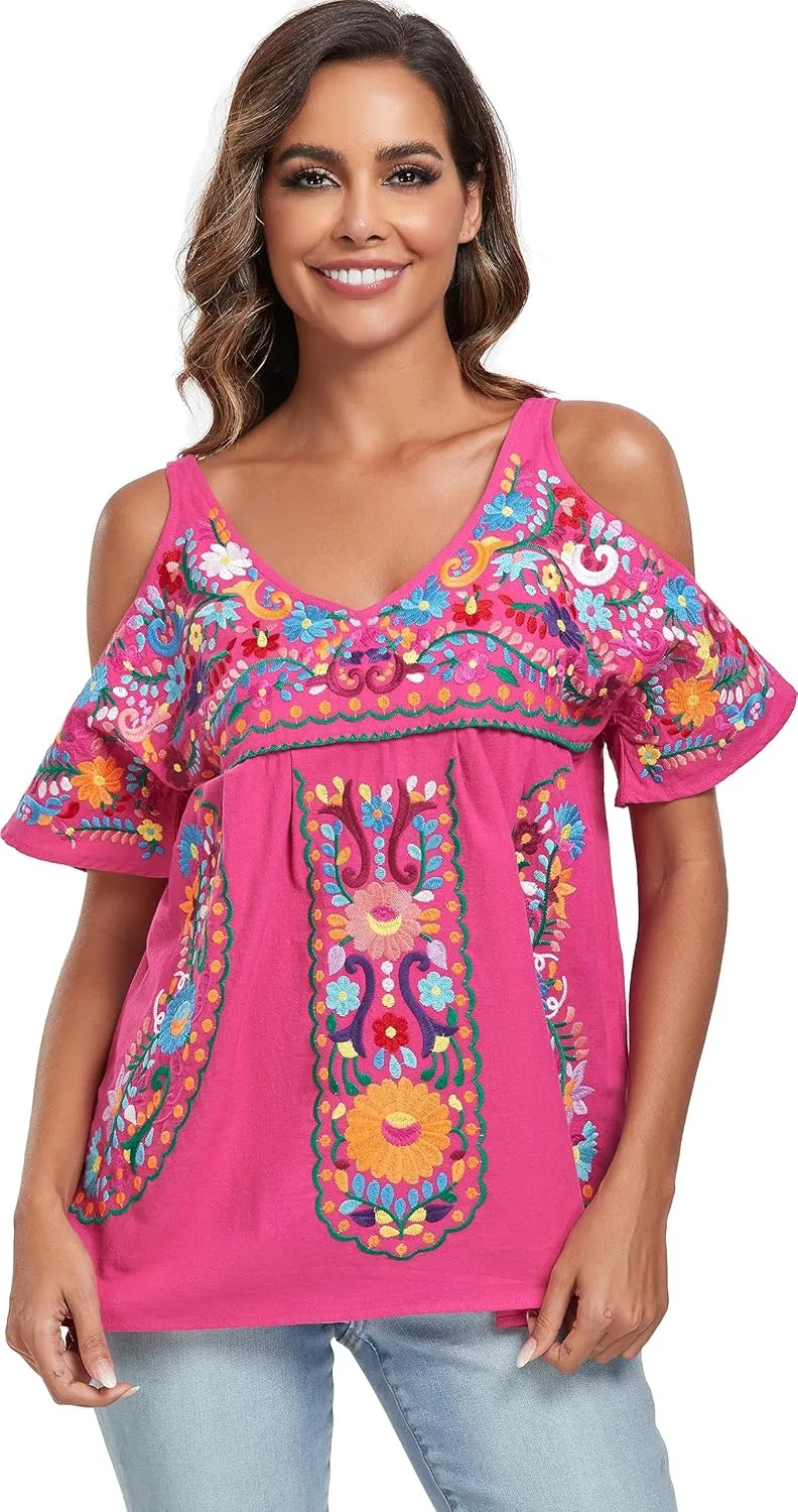 YZXDORWJ Women's Mexican Tops Cold Shoulder V Neck Sexy Blouse Short Sleeve Shirts Embroidered Floral Tunic