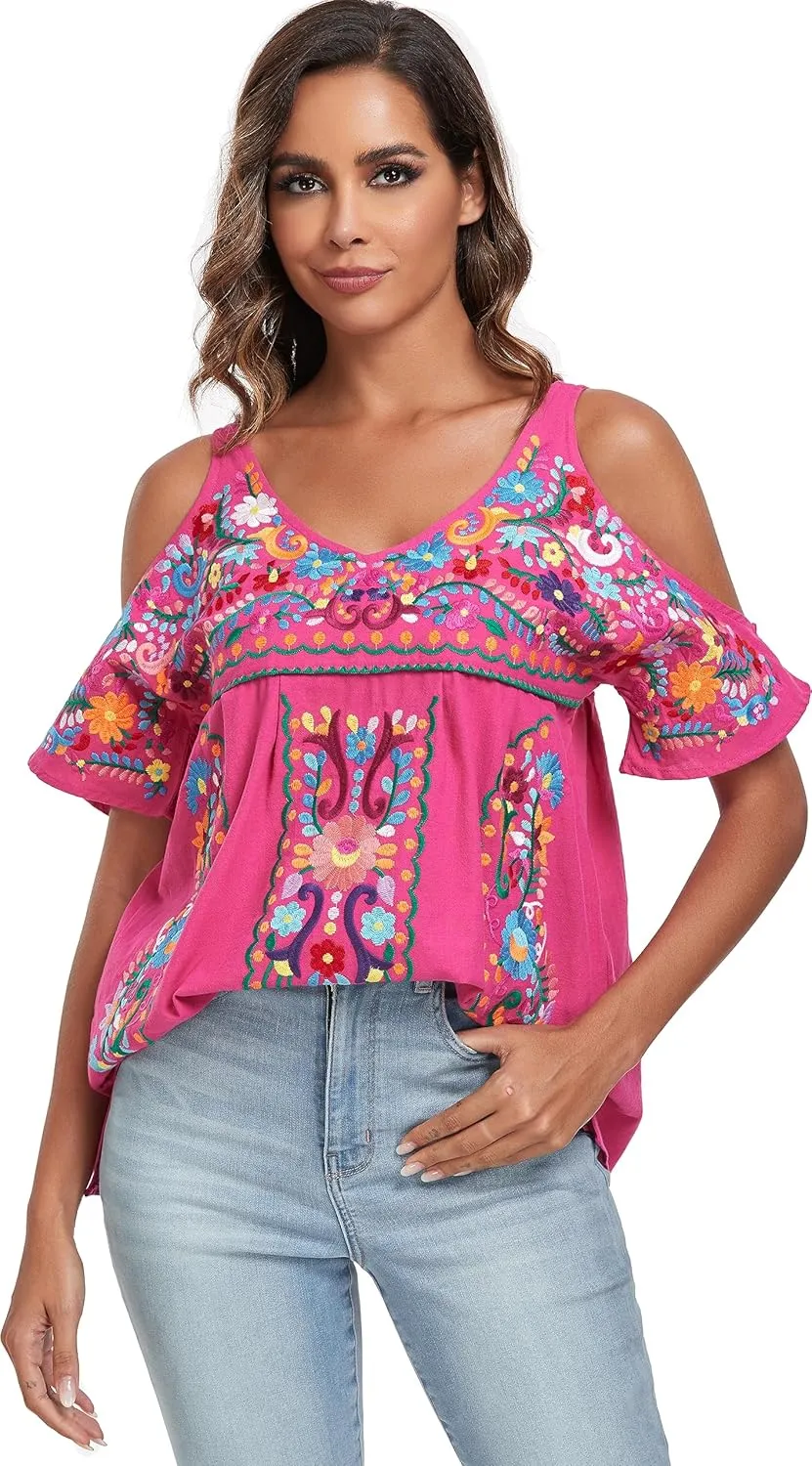 YZXDORWJ Women's Mexican Tops Cold Shoulder V Neck Sexy Blouse Short Sleeve Shirts Embroidered Floral Tunic