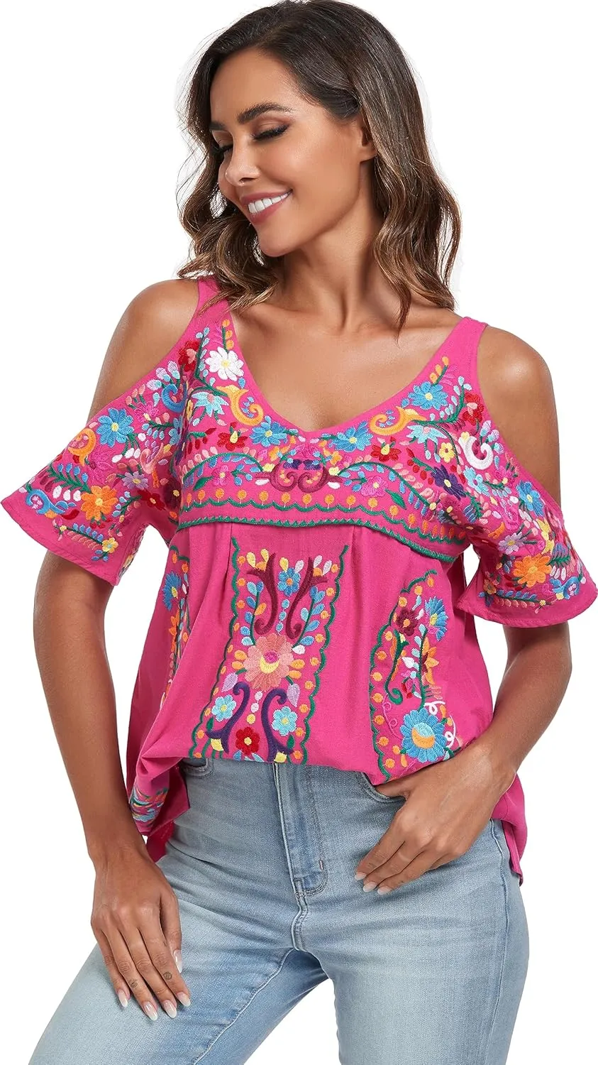 YZXDORWJ Women's Mexican Tops Cold Shoulder V Neck Sexy Blouse Short Sleeve Shirts Embroidered Floral Tunic