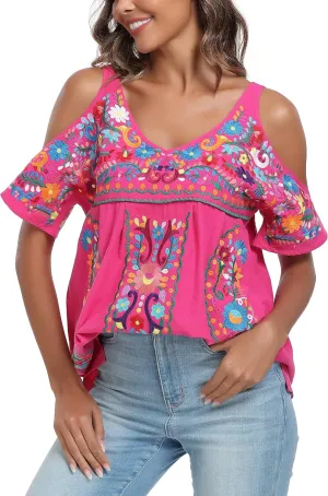 YZXDORWJ Women's Mexican Tops Cold Shoulder V Neck Sexy Blouse Short Sleeve Shirts Embroidered Floral Tunic