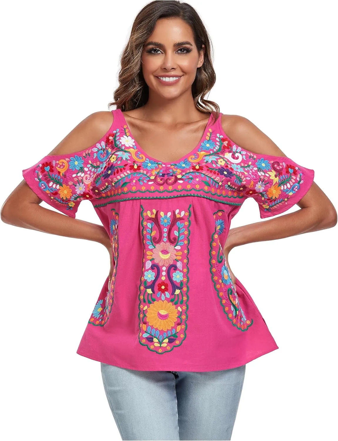 YZXDORWJ Women's Mexican Tops Cold Shoulder V Neck Sexy Blouse Short Sleeve Shirts Embroidered Floral Tunic