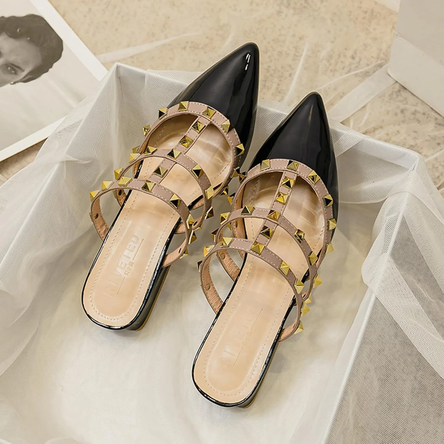 Zeberfi Women's Patent Leather Closed Pointed Toe Rivet Heeled Sandals Fashion Multi Band Studded Slingback Chunky Mid Heel Work Pumps Slippers