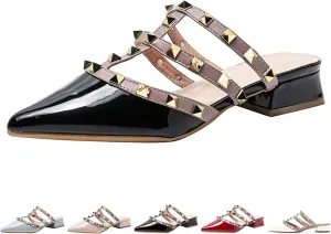 Zeberfi Women's Patent Leather Closed Pointed Toe Rivet Heeled Sandals Fashion Multi Band Studded Slingback Chunky Mid Heel Work Pumps Slippers