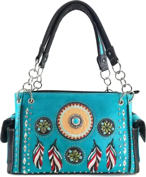 Zelris Tribal Dream Catcher Feather Embroidered Studded CCW Concealed Carry Shoulder Western Handbag Purse