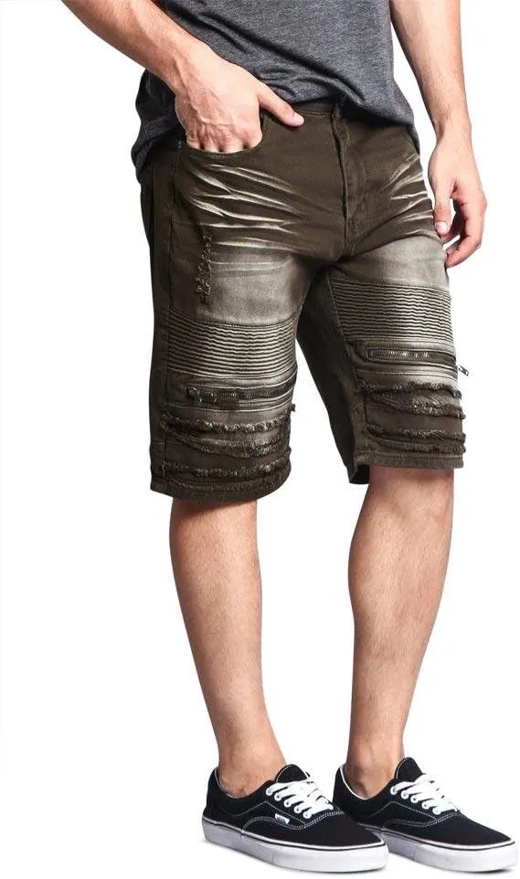 Zippered Biker Style Ribbed Moto Ripped Distressed Denim Jean Shorts