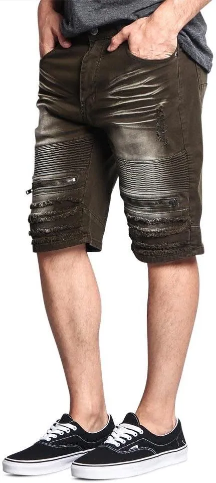 Zippered Biker Style Ribbed Moto Ripped Distressed Denim Jean Shorts