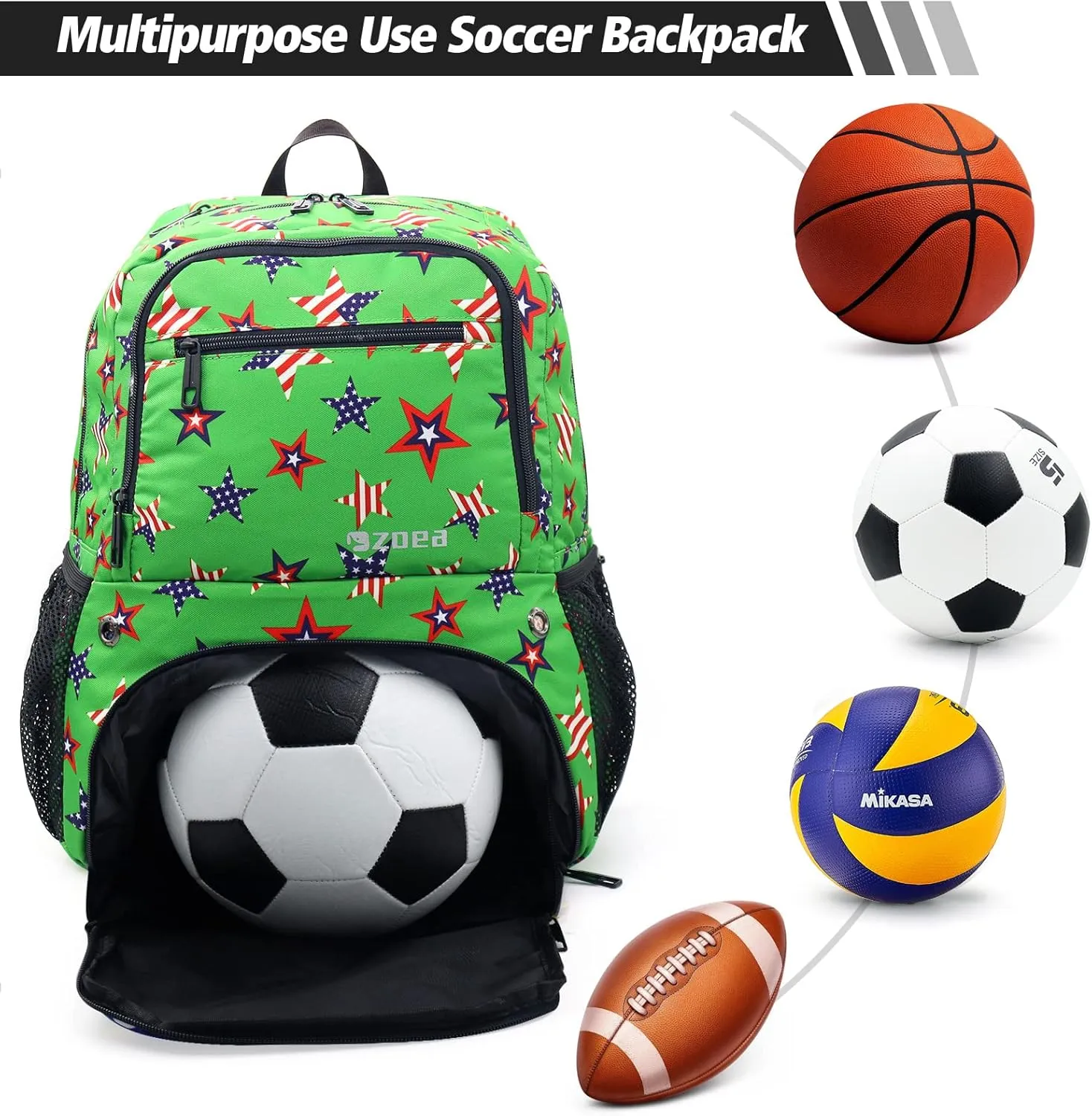 ZOEA Youth Soccer Bags - Boys Girls Backpack for Soccer, Basketball & Football & Volleyball with Ball Compartment