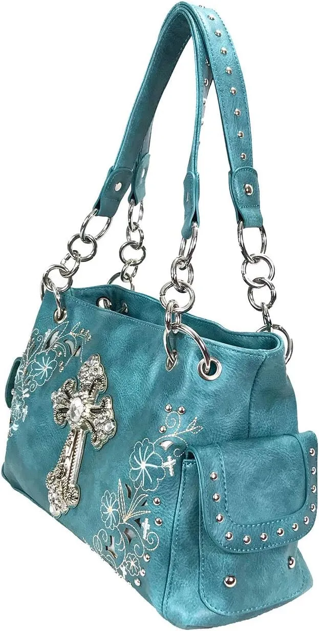 Zzfab Rhinestone Cross Embroidered Floral Western Handbag