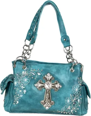 Zzfab Rhinestone Cross Embroidered Floral Western Handbag
